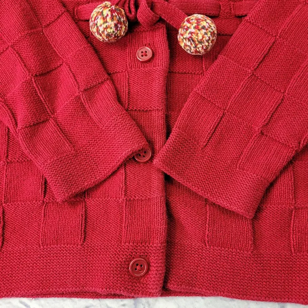 Gymboree Girl's Red Basketweave Button Front Sweater Holiday Pom Poms sz Small